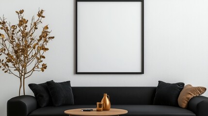 Elegant Black Couch with Vase and Framed Picture in Cozy Living Space
