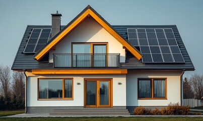 Modern White House with Rooftop Solar Panels and Wooden Accents
