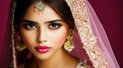 Fototapeta premium Beautiful indian bride wearing traditional clothes and jewelry posing for a portrait