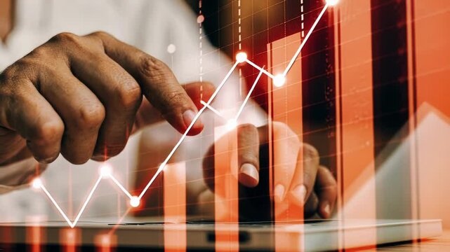 A closeup of holographic financial indicators with a traders hand reaching out fingertips hovering above a glowing interface that displays a rising stock value.