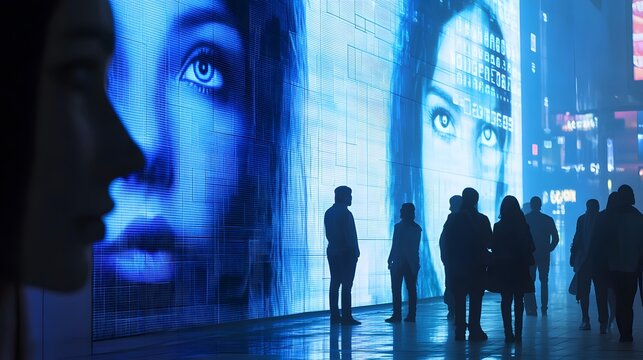 Futuristic Cityscape with Digital Art: A compelling image, presenting a modern city scene with a futuristic, digital art display on a large screen.