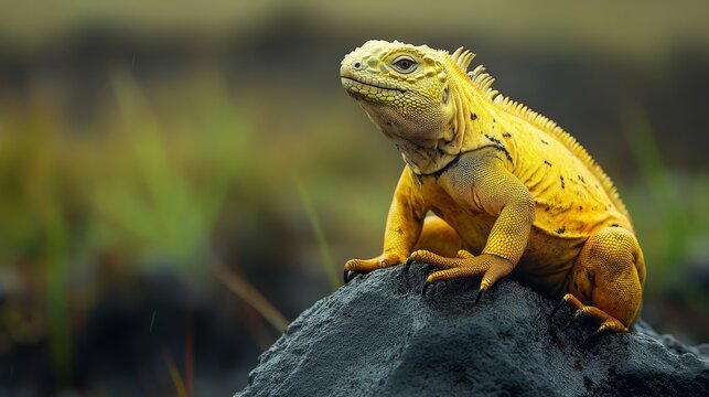 A majestic gray boulder tilts left, crowned by a vibrant yellow lizard poised with intent, eyes fixed to the right against a captivating landscape backdrop