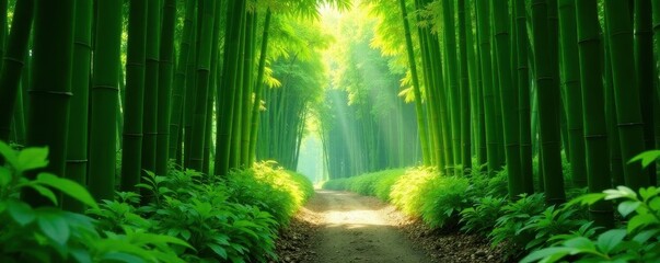 Obraz premium Lush green bamboo forest, sunlight dappled path , vibrant, lush, destination
