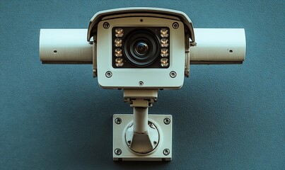Overhead View of a White Security Camera Mounted on a Blue Wall