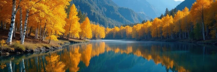 Obraz premium Vibrant aspen trees reflecting in calm Fish Lake , golden, utah fall
