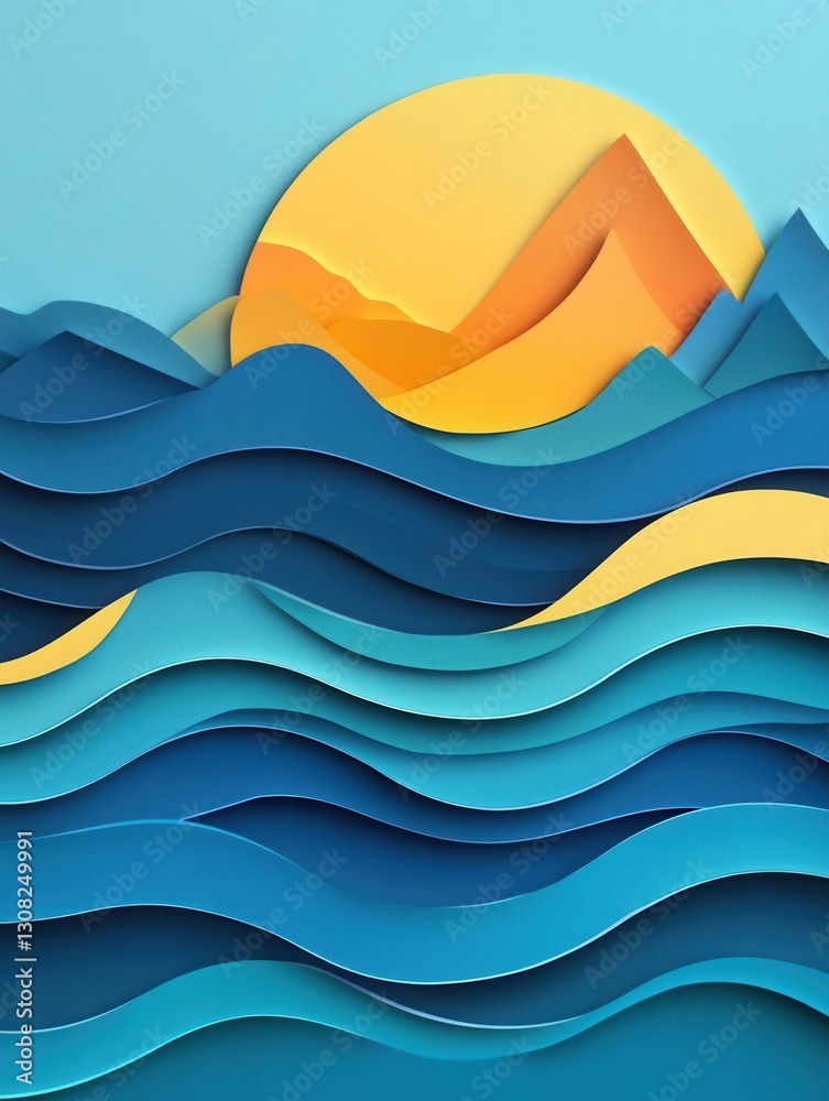 Poster vibrant layered paper art landscape with rolling waves and warm sun in gradient blues and yellows ge