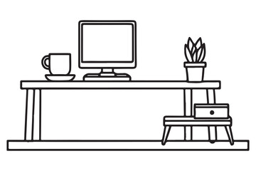 continuous one single black line art doodle drawing of home office setup with ergonomic desk, laptop, and coffee mug business concept illustration