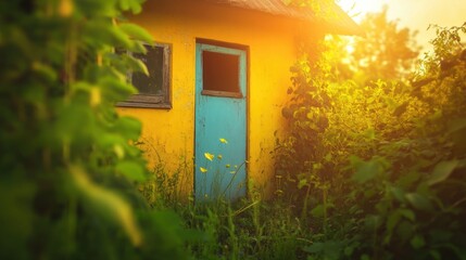 A yellow house with a blue door sits quietly in a dense green setting, illuminated by warm light as the sun sets on the horizon