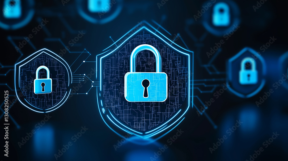 Poster cyber security shield protecting digital information from threats