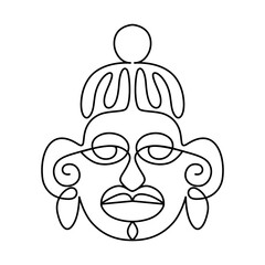 Ethnic Mask, drawn with continuous line in minimalism, abstract, Yoruba Mask, African culture, rituals of worship, cult of ancestors, one line, editable vector contour