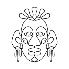 Ethnic Mask, drawn with continuous line in minimalism, abstract, Yoruba Mask, African culture, rituals of worship, cult of ancestors, one line, editable vector contour