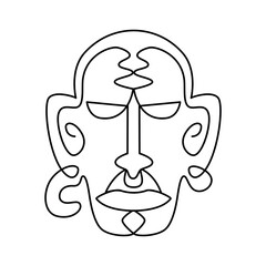 Ethnic Mask, drawn with continuous line in minimalism, abstract, Yoruba Mask, African culture, rituals of worship, cult of ancestors, one line, editable vector contour