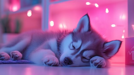Fototapeta premium Sleeping Husky Puppy in Pink and Blue Ambient Lighting