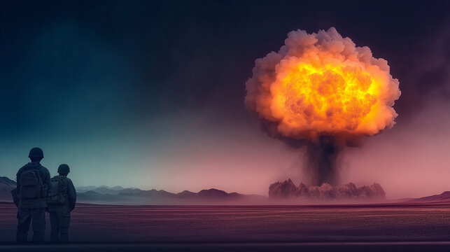 Soldiers watching nuclear explosion in desert landscape