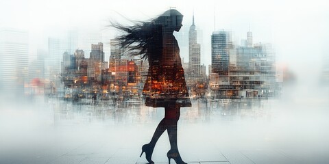 Urban Silhouette: A woman in silhouette walks gracefully, her hair flowing, with a cityscape blended into her form. Capturing the allure of urban life.