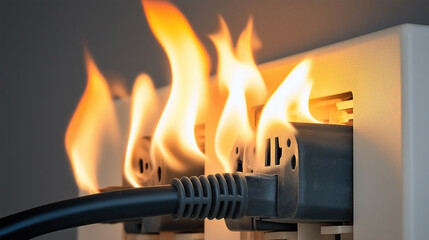 Overloaded electrical outlet catching fire with black cable plugged in