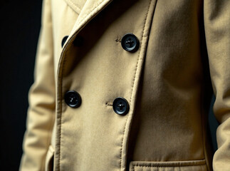 A rugged beige coat with large, dark buttons, close-up view highlighting the texture and craftsmanship.  Depth of field, moody lighting, atmospheric, vintage style, high quality, professional finish. 