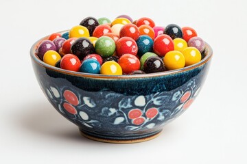 A blue and white patterned bowl filled with colorful candy coated chocolates.
