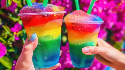 rainbow-colored slush drinks in plastic cups with straws