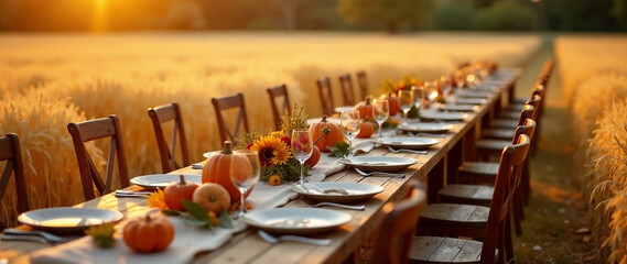 Generate an AI photo of a long, rustic banquet table setting in a wheat field, autumnal colors,  wide, outdoor dining experience,  with warm, golden lighting, creating a festive and inviting mood.  Fo
