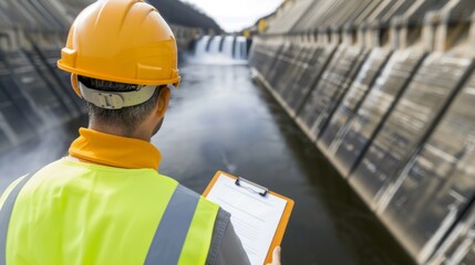 Construction Workers Inspecting Hydroelectric Dam for Safety Compliance.