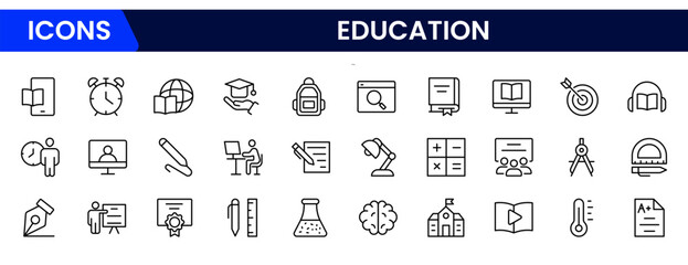 Outline icons of education, studying and science. Includes human brain, fields of study, graduation, school, university and knowledge. Designed for web, mobile, promo materials. Vector illustration.