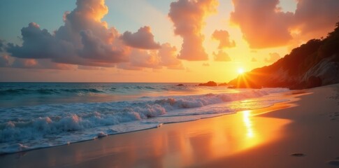 Soft golden light bathes calm beach at sunset , evening, atmosphere