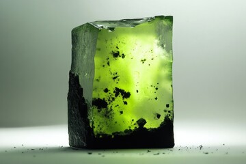 A translucent green block with embedded dark particles, resembling a geological formation or abstract art.