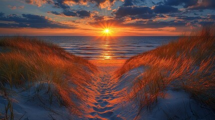 Tranquil Sunset Over Sandy Beach with Vibrant Colors and Gentle Waves on the Baltic Sea