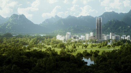 Obraz premium Futuristic Cityscape Green Park Modern Buildings Mountain View