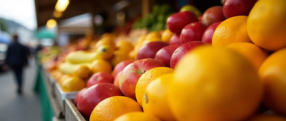 A vibrant, high-quality photo of an assortment of fresh fruits sold at the Mercado da Gra&ccedil;a in Ponta Delgada, S&atilde;o Miguel, Azores, Portugal.  Focus on the details of the fruits, showcasing their colors