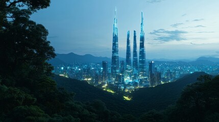 Obraz premium Futuristic Cityscape Skyscrapers Nature Night Lights