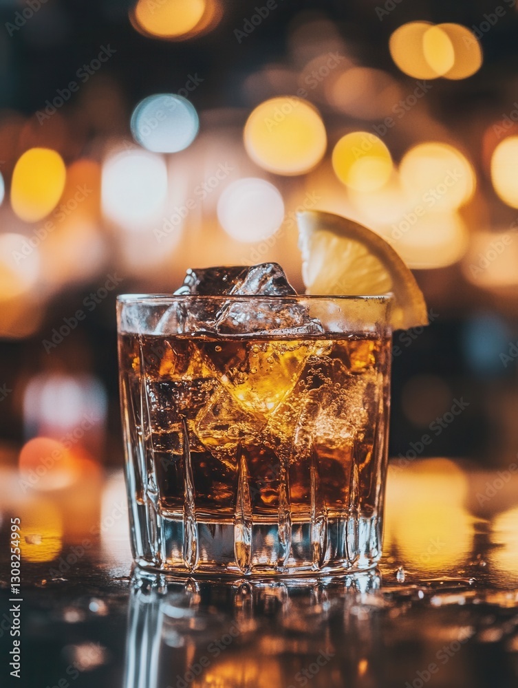 Poster Refreshing drink with ice and lemon slice served in a glass on a bar counter during evening hours Generative AI