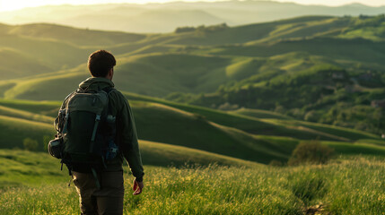Solo Backpacker standing on green hill, sunny day, focus on backpacker.