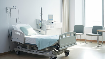 Patient bed in hospital room , comfortable medical equipment, White room