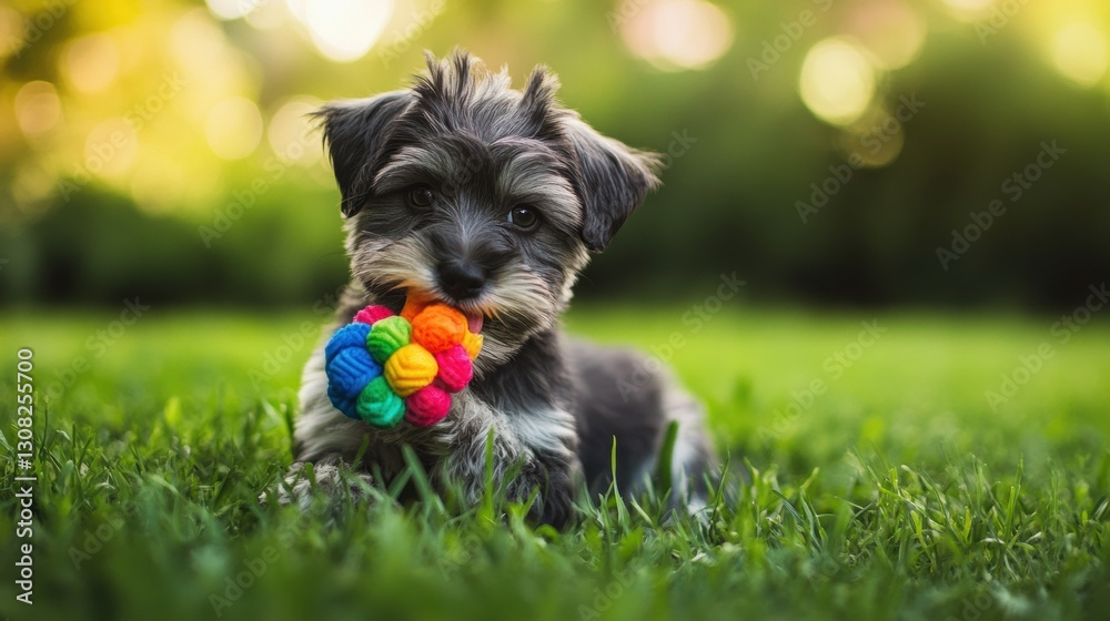 Poster Playful puppy enjoys chew toy on lush green grass in soft natural lighting with blurred greenery around Generative AI