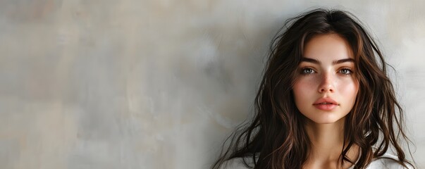 Fototapeta premium Beautiful woman with long wavy hair poses against textured background