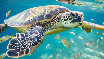 Fototapeta premium Majestic Green Sea Turtle Swimming Underwater with Tropical Fish