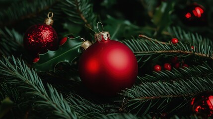 Red Christmas ornaments nestled in evergreen boughs and holly.