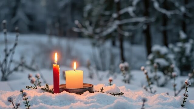 Burning Advent candle in a peaceful snowy meadow, advent, serene