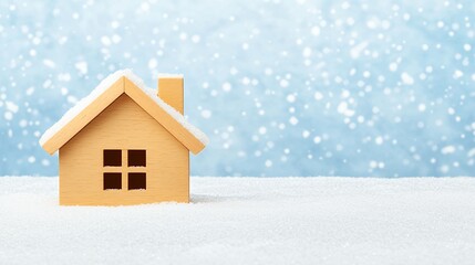 Naklejka premium Wooden House Model On Snow With Light Blue Background