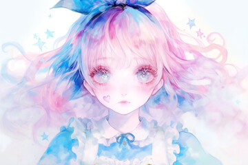 ミステリアスなピンクヘアの少女 深みのある青背景の水彩アート
