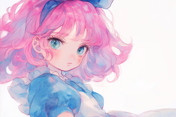 ピンクの瞳と髪の幻想少女 青の背景が映える美しい水彩画