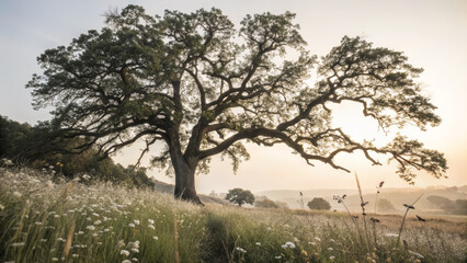 Obraz premium majestic oak tree stands alone in serene meadow, surrounded by wildflowers and bathed in soft morning light. tranquil scene evokes sense of peace and connection to nature