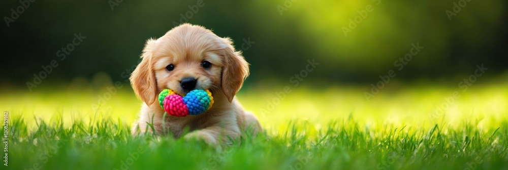 Aufkleber Playful puppy enjoying a colorful chew toy on lush green grass in soft natural lighting Generative AI