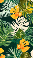 Lush Tropical Leaves and Vibrant Yellow Flowers Seamless Pattern Design