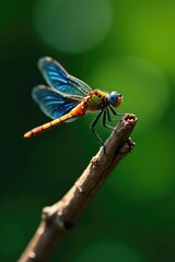 Dragonfly's bright blue and orange body sits atop a sturdy wooden branch, garden life, leafy tree branch, insects of the world