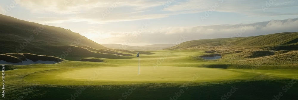 Poster Serene golf course at golden hour showcasing flag and rolling hills with branding space Generative AI