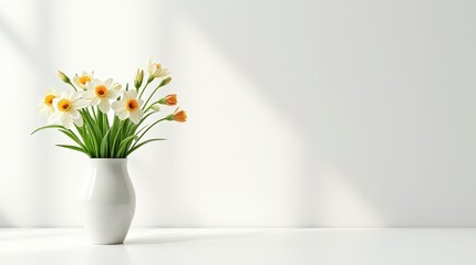 Vase with a sprig of detailed spring flowers, set against a crisp white background with natural light