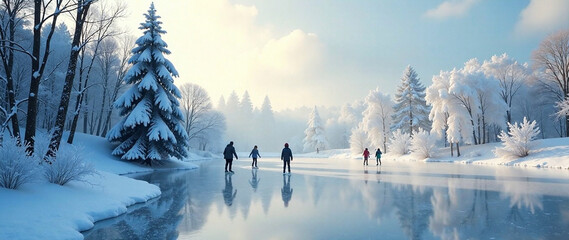 Photograph a tranquil scene of people ice skating on a frozen pond surrounded by snow-covered trees.  Depth and mood, Vibe: serene, peaceful, winter, Lighting: soft, natural light, Atmosphere: cold, c